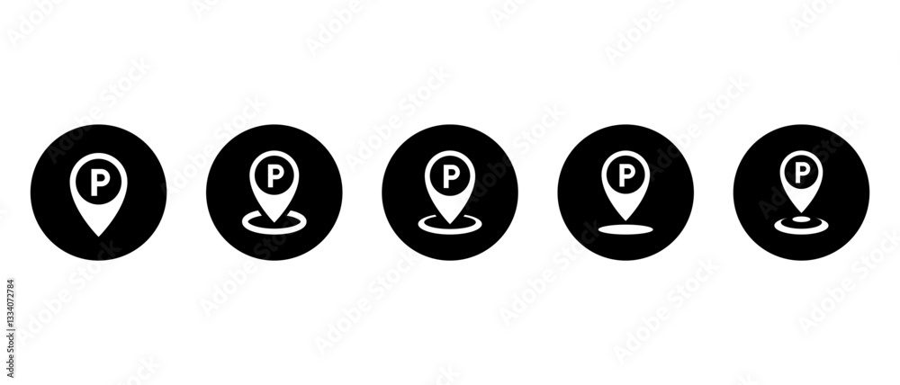 Parking location icon set collection on black circle. Map pin with letter P sign symbol Parking location icon set collection on black circle. Map pin with letter P sign symbol