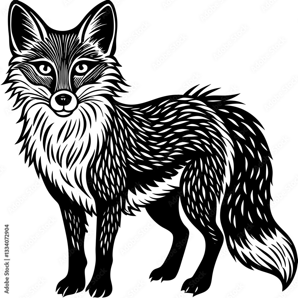 Obraz premium a striking, artistic illustration of a fox. The illustration highlights intricate details in a woodcut style, using lines and contrast to bring the fox to life.
