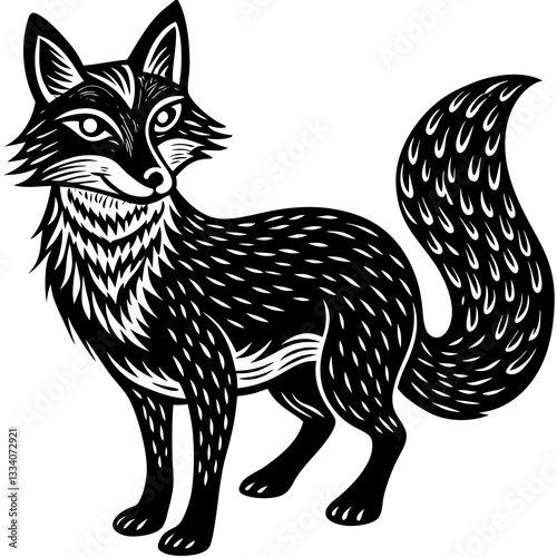 a stylized black and white illustration of a fox, featuring detailed lines and patterns
