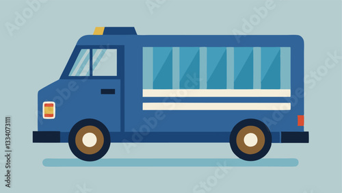 Secure Police Van A side view of a large boxy police van with barred windows and a distinctive insignia emphasizing its function in prisoner transport.
