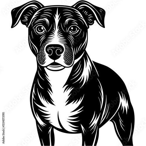 a detailed black and white portrait of a pitbull dog, emphasizing its strong features and focused gaze. The graphic artwork shows a clear, elegant design, highlighting the dog's features