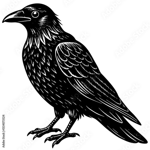 A detailed illustration of a black raven perched gracefully, showcasing intricate details