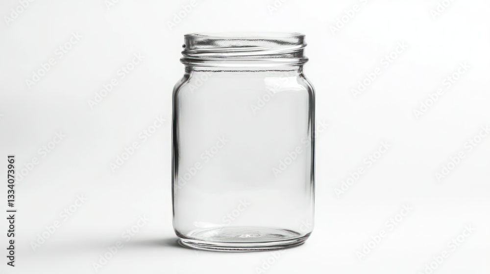 A clear transparent glass jar is placed on white background A clear transparent glass jar is placed on white background