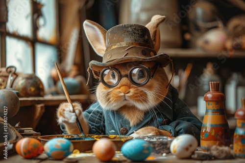 Easter artist bunny painting colorful easter eggs in his steampun styled workshop