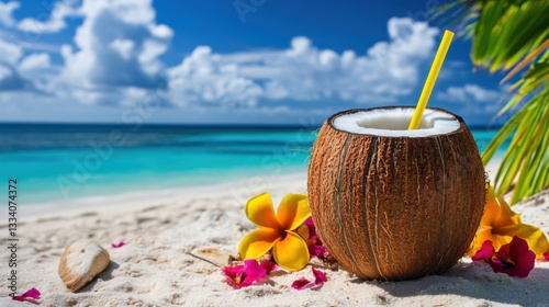 Coconut drink on beach with tropical flowers, fresh-cut coconut with straw, vibrant tropical blossoms surrounding it, white sand and turquoise water in the background