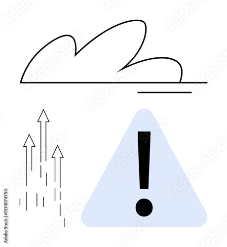 Minimalist cloud shape with upward arrows and a caution symbol in triangular form. Ideal for data growth, cloud storage, warning systems, technology, innovation, risk analysis, digital safety. Flat