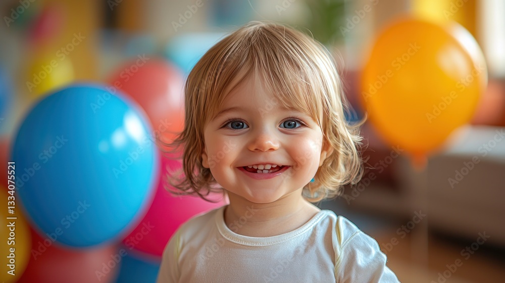 Happy toddler smiles amidst birthday balloons indoors Happy toddler smiles amidst birthday balloons indoors