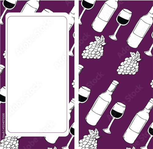 background for instagram stories bordeaux two parts with square field for text, with bottle of wine, glass, bunch of grapes