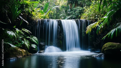 Serene Waterfall in Lush Tropical Paradise: A Tranquil Escape