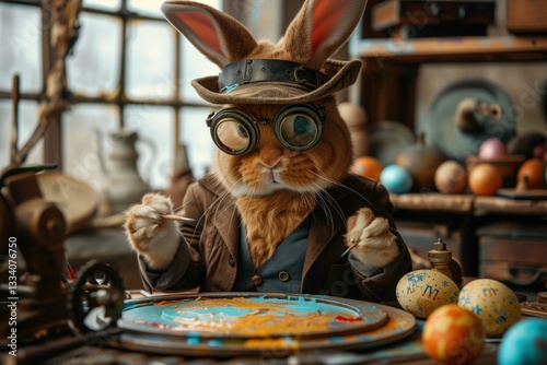 Easter artist bunny painting colorful easter eggs in his steampun styled workshop