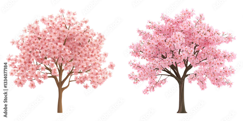 Obraz premium Two blooming cherry blossom trees with vibrant pink flowers, symbolizing spring