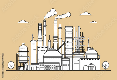 chemical industry enterprise. Horizontal industrial landscape silhouette. Oil refinery, tanks, pipes, production of petroleum products, liquefied gas, chemistry.