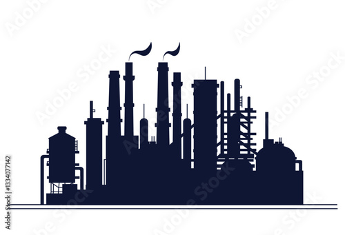 Chemical industry enterprise, plant, oil refinery. Horizontal monochrome silhouette of industrial landscape. Tanks, pipes, oil products production, liquefied gas, chemistry.