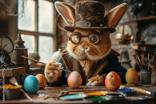 Easter artist bunny painting colorful easter eggs in his steampun styled workshop