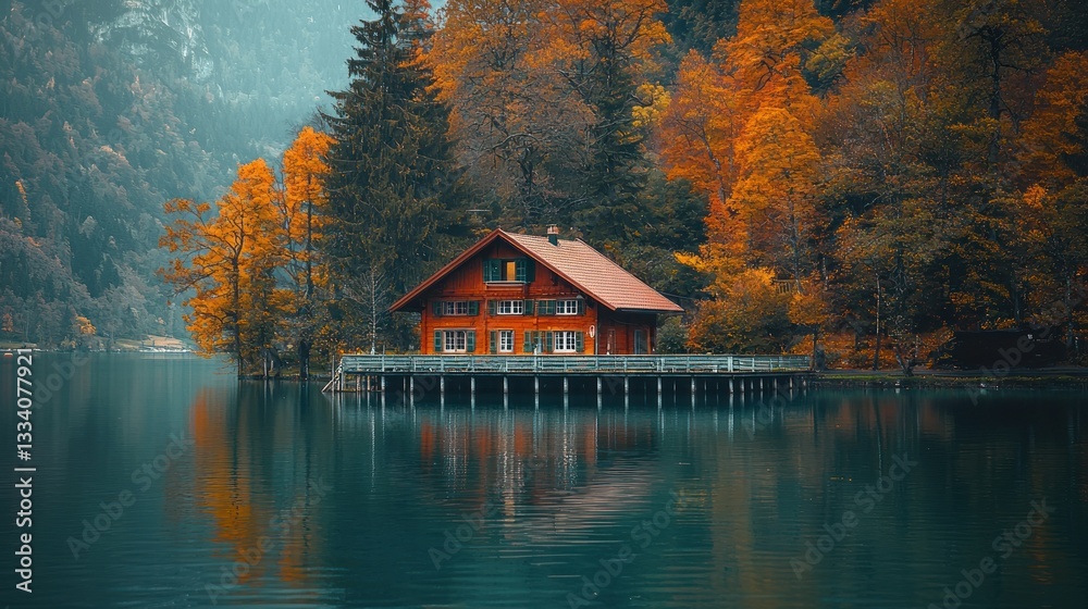 Obraz premium Cozy red chalet on a lake surrounded by autumn foliage