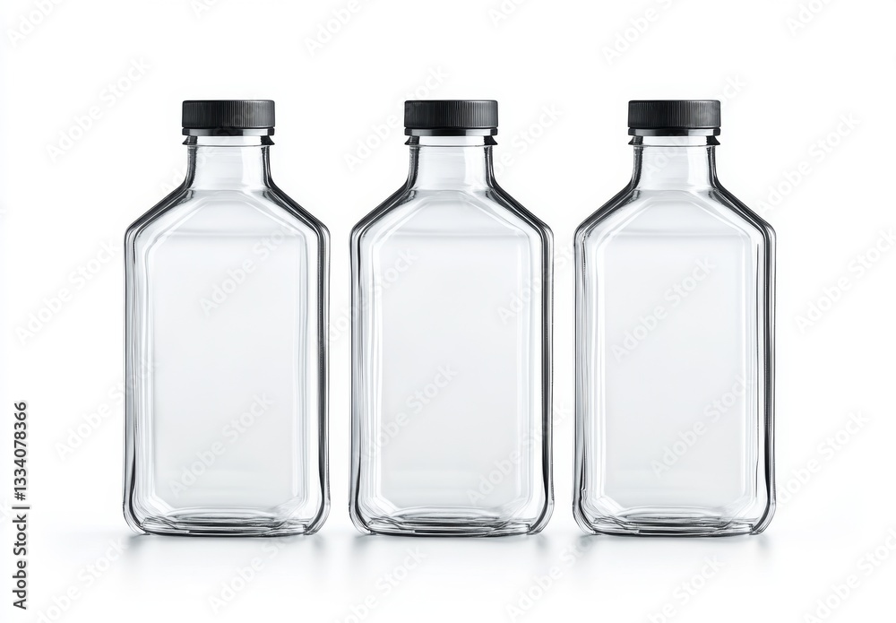 Empty glass bottles, mockup, white background, studio Empty glass bottles, mockup, white background, studio