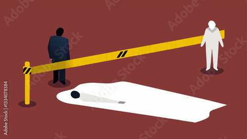 Scene Overview A wideangle view of a crime scene marked off with police tape with a body covered by a white sheet in the center surrounded by investigators taking notes.