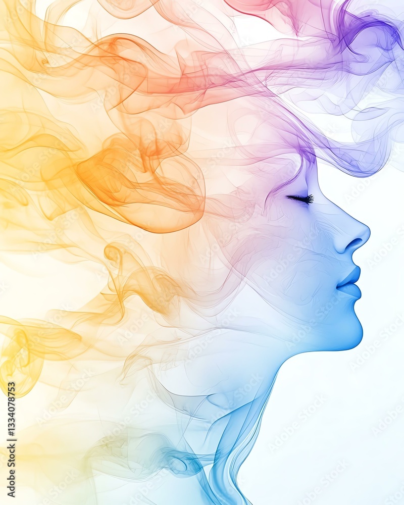 A colorful representation of tranquility and creativity, depicted through swirling smoke patterns around a serene profile. A colorful representation of tranquility and creativity, depicted through swirling smoke patterns around a serene profile.