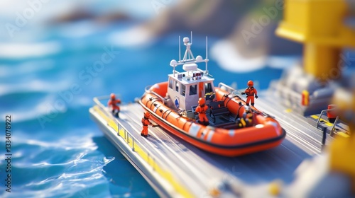 Rescue Operation in Action on a Vibrant Ocean with Lifeboat and Crew Members in Safety Gear