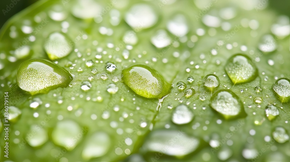 Closeup of Water Droplets on a Green Leaf