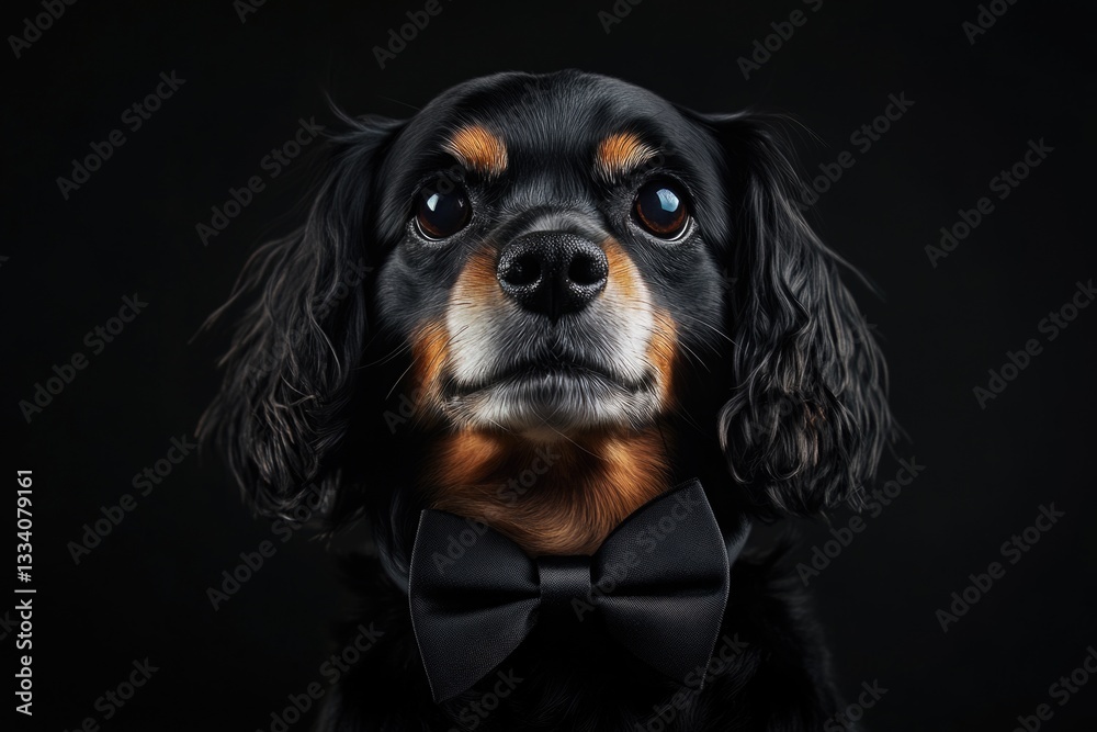 A stylish dog wearing a bow tie, great for party or fashion themes A stylish dog wearing a bow tie, great for party or fashion themes