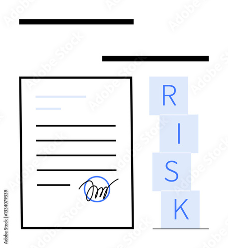 Contract paper with a signed signature alongside stacked blocks spelling RISK. Ideal for legal processes, agreements, business strategies, risk management, compliance, decision-making, abstract line