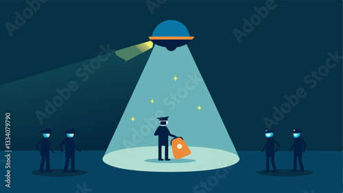 Searchlight on the Scene An illustration of a searchlight from a police helicopter illuminating a drug deal happening in a dark area with officers observing from above.