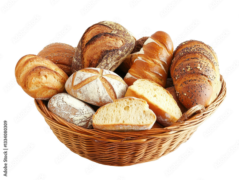 Isolated Wicker Basket Filled with Assorted Bread Loaves Isolated Wicker Basket Filled with Assorted Bread Loaves