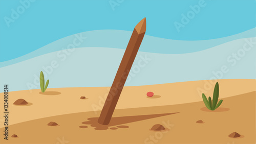 Shard Stick in Sand A wooden stick shard at one end lying on a sandy bottom of a ditch surrounded by pebbles and small plants.