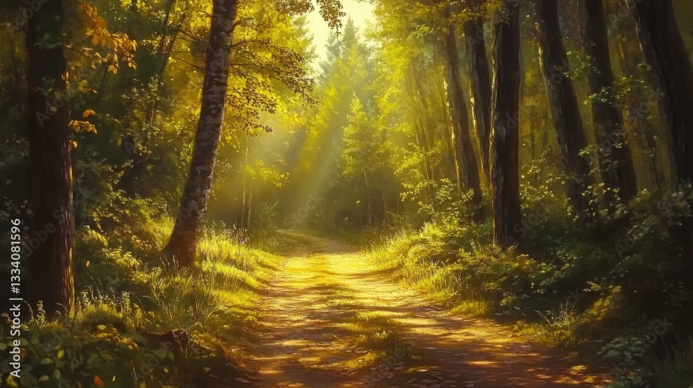 Obraz premium Sunbeams illuminate a path through a lush, green forest.