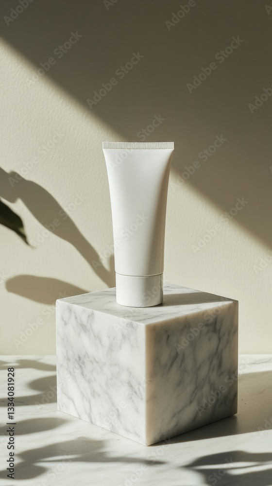 Minimalist skincare product display on marble with leaf shadow Minimalist skincare product display on marble with leaf shadow