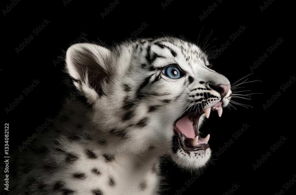 Obraz premium Snow Leopard Cub with Blue Eyes Roaring Fiercely Against a Black Background, Capturing the Beauty of Nature's Wildlife in Stunning Detail