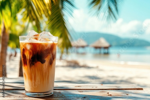 Iced coffee on table with sunny beach background, glass filled with ice, frothy top layer, palm trees swaying in distance, warm and relaxed summer morning