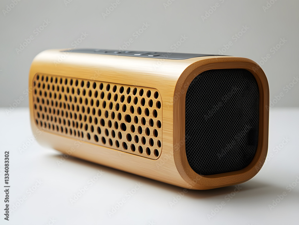 Close-up photo of a wooden Bluetooth speaker product Close-up photo of a wooden Bluetooth speaker product