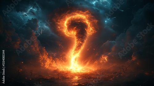 Fiery tornado twisting through a storm with lightning and glowing orange flames in the clouds. Generative AI