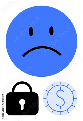 Blue unhappy face with black padlock and coin illustration symbolizes financial insecurity, budget issues, and restricted data access. Ideal for economy, finances, security, privacy, restrictions