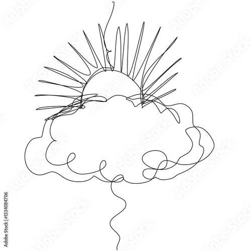 Simple line drawing depicts sun partially hidden behind a fluffy cloud. Suns rays extend in various directions creating a dynamic feel. Minimalist artistic style.