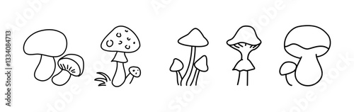 Collection of five minimalistic mushroom illustrations in black outline style showcasing different shapes and forms on a plain background