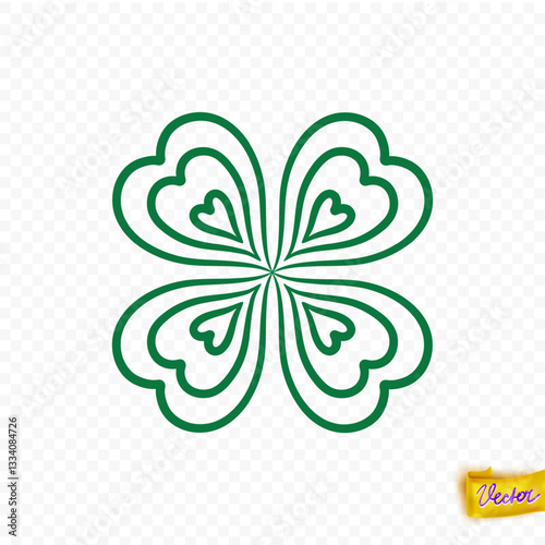 Vector illustration of a stylized fourleaf clover made with heart shapes in a minimalistic green outline. Perfect for design projects invoking luck or nature themes.