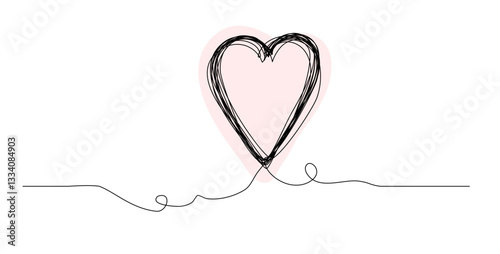 A minimalist illustration shows a heart shape formed with a scribble style and a continuous line. The heart is colored in soft pink, providing a gentle and artistic design.
