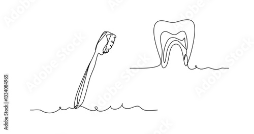 Minimalist continuous line illustration featuring toothbrush next to large tooth outline symbolizing dental health oral care and hygiene in a unique art style