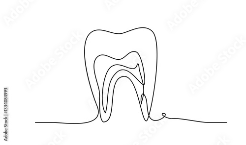 Intricate line art illustrating a tooth in a continuous line style on a white background. Perfect for dental themes, showcasing the beauty in simplicity.