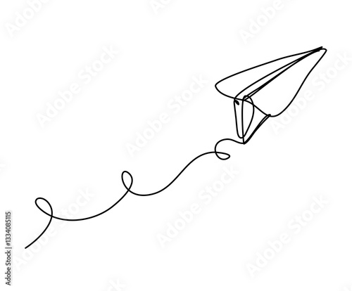 A simple black line drawing of a paper airplane soaring through the air on a white background with a trailing line indicating motion.
