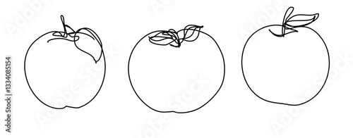 Elegant minimalist line art illustration featuring three apples in a continuous black line. Each apple showcases a unique outline and leaf detail, emphasizing simplicity and elegance.