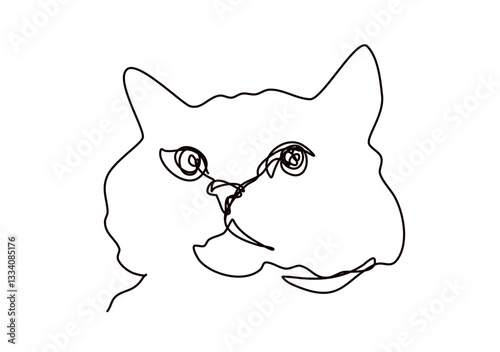 Simple and elegant line art of a cats face drawn in a minimalist style using a continuous line. The illustration captures feline features with minimal detail.