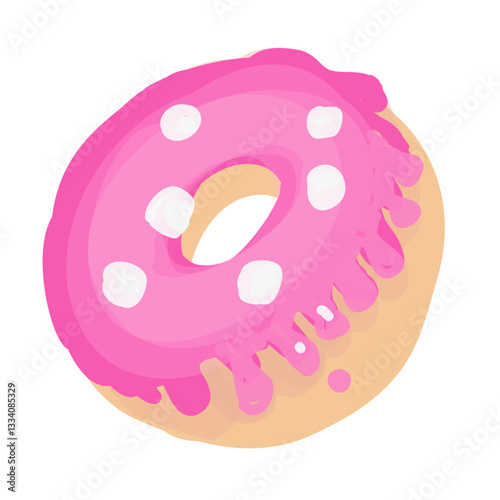 Illustration of a vibrant doughnut topped with bright pink icing and dotted with white shapes, set against a plain white background, showcasing a fun and appetizing design.