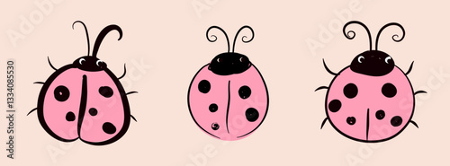 Illustration of three adorable pink ladybugs with whimsical black spots and antennae on a plain backdrop. Perfect for childrens design elements and playful decor.