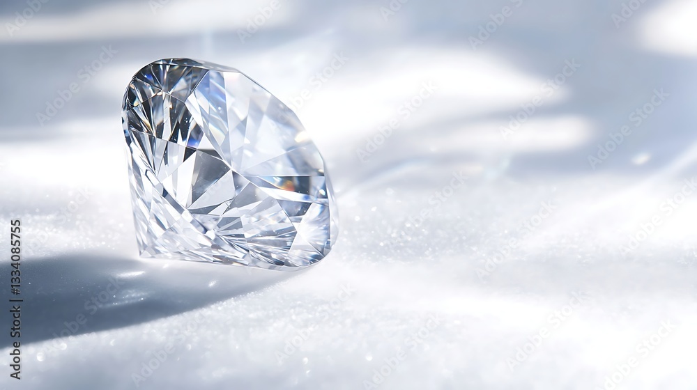 Diamond on white surface, sunlight reflections create bright, clean background. Jewelry concept Diamond on white surface, sunlight reflections create bright, clean background. Jewelry concept