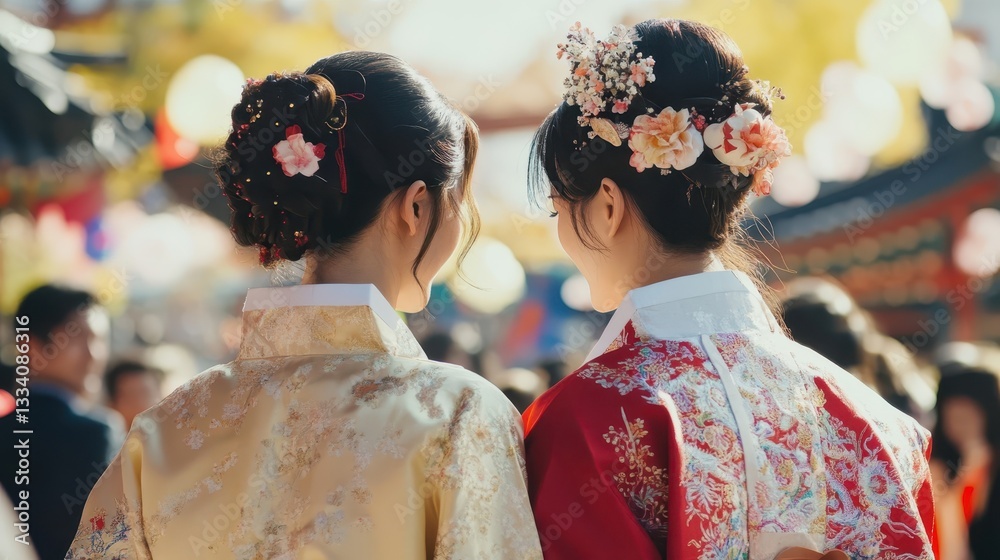 Two women in traditional clothing looking out at something Two women in traditional clothing looking out at something