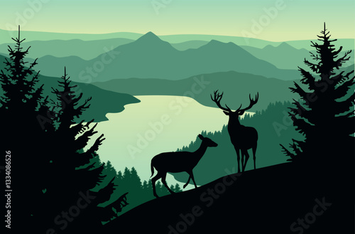 Landscape with green mountains, forest, lake and silhouettes of trees and wild deer - vector illustration	
